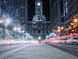 Preview wallpaper architecture, night city, city lights, philadelphia, usa