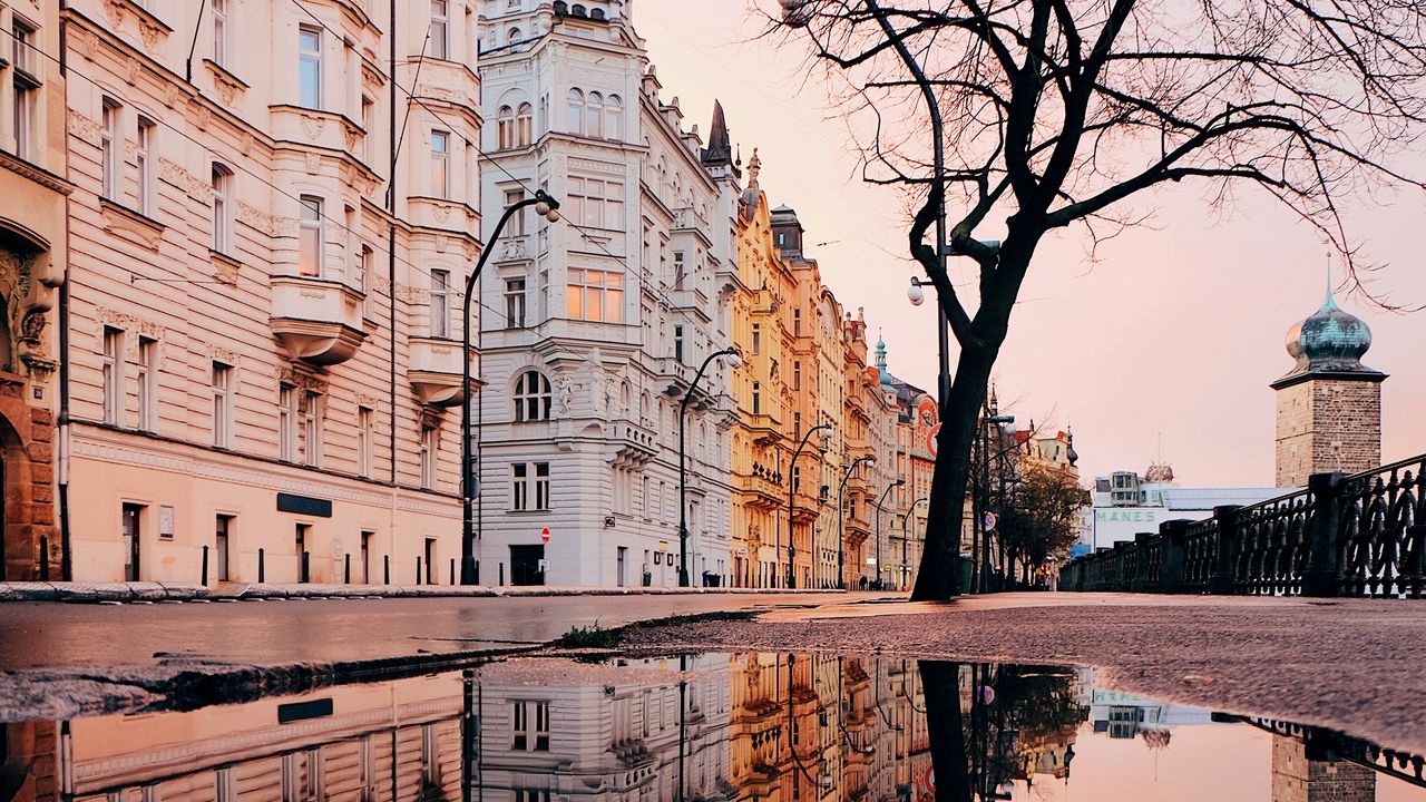 Wallpaper architecture, puddle, reflection, city, prague, czechia