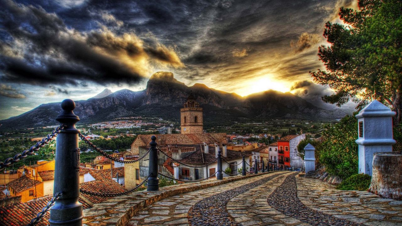 Wallpaper architecture, streets, mountains, old, sky, sunset, road, clouds, houses, flowers, colorful, beautiful, hdr