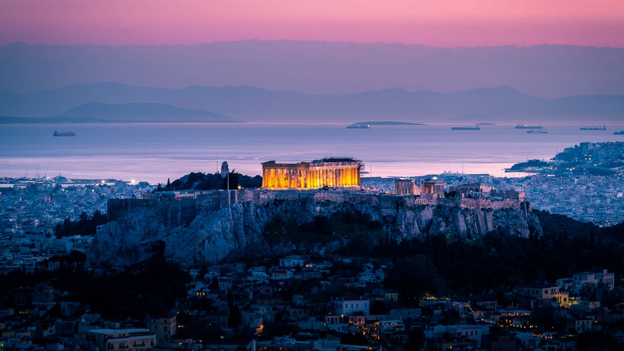 Wallpaper architecture, sunset, sea, acropolis, athens, greece