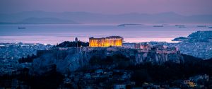 Preview wallpaper architecture, sunset, sea, acropolis, athens, greece