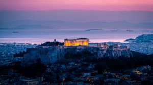 Preview wallpaper architecture, sunset, sea, acropolis, athens, greece
