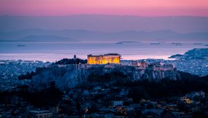 Preview wallpaper architecture, sunset, sea, acropolis, athens, greece