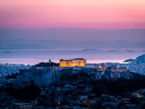 Preview wallpaper architecture, sunset, sea, acropolis, athens, greece