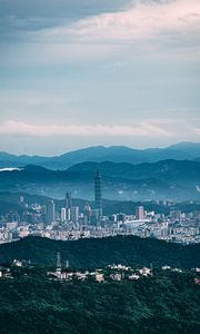 Preview wallpaper architecture, tower, skyscraper, mountains, fog