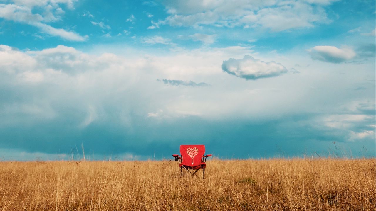 Wallpaper armchair, field, lonely, clouds