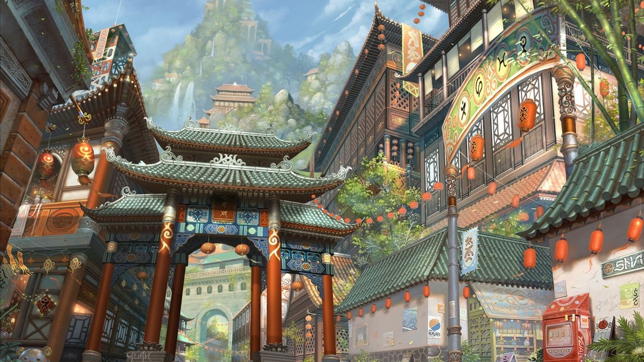Wallpaper art, asia, building, mountain, bamboo, lights, waterfalls, city