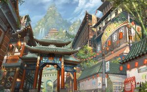 Preview wallpaper art, asia, building, mountain, bamboo, lights, waterfalls, city