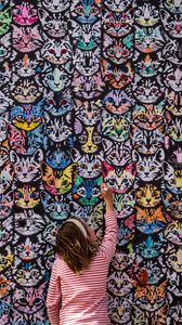 Preview wallpaper art, cats, wall, child