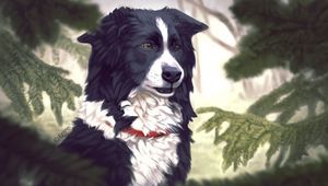 Preview wallpaper art, dog, tree, fir, pine needles, dog collar