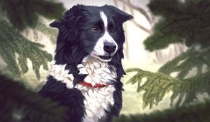 Preview wallpaper art, dog, tree, fir, pine needles, dog collar