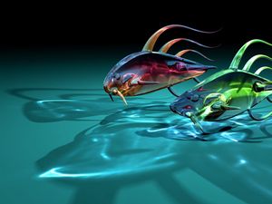 Preview wallpaper art, fish, goldfish, two, glass, transparent, shadow
