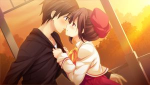 Preview wallpaper art, girl, boy, couple, kiss, sunset