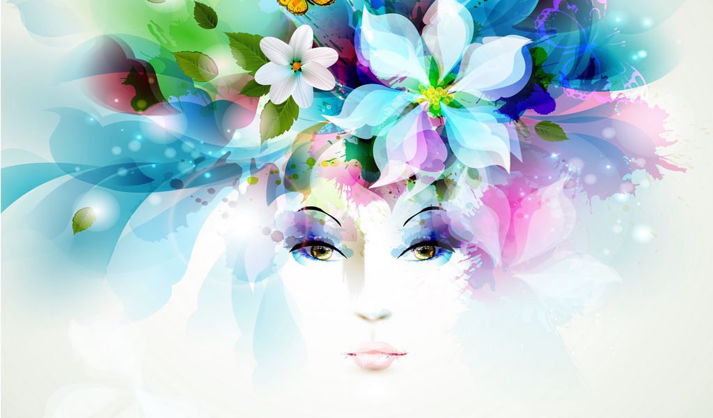 1024x600 Wallpaper art, girl, eyes, flowers, petals, butterfly, leaves, spray