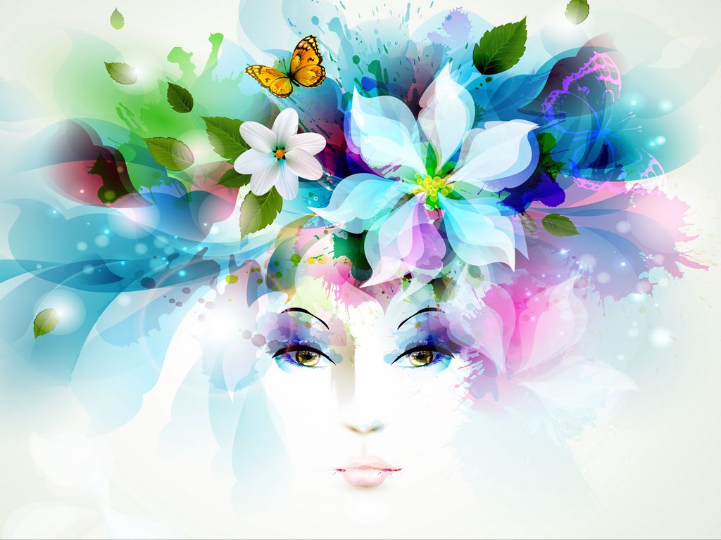 1024x768 Wallpaper art, girl, eyes, flowers, petals, butterfly, leaves, spray