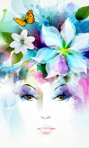 Preview wallpaper art, girl, eyes, flowers, petals, butterfly, leaves, spray