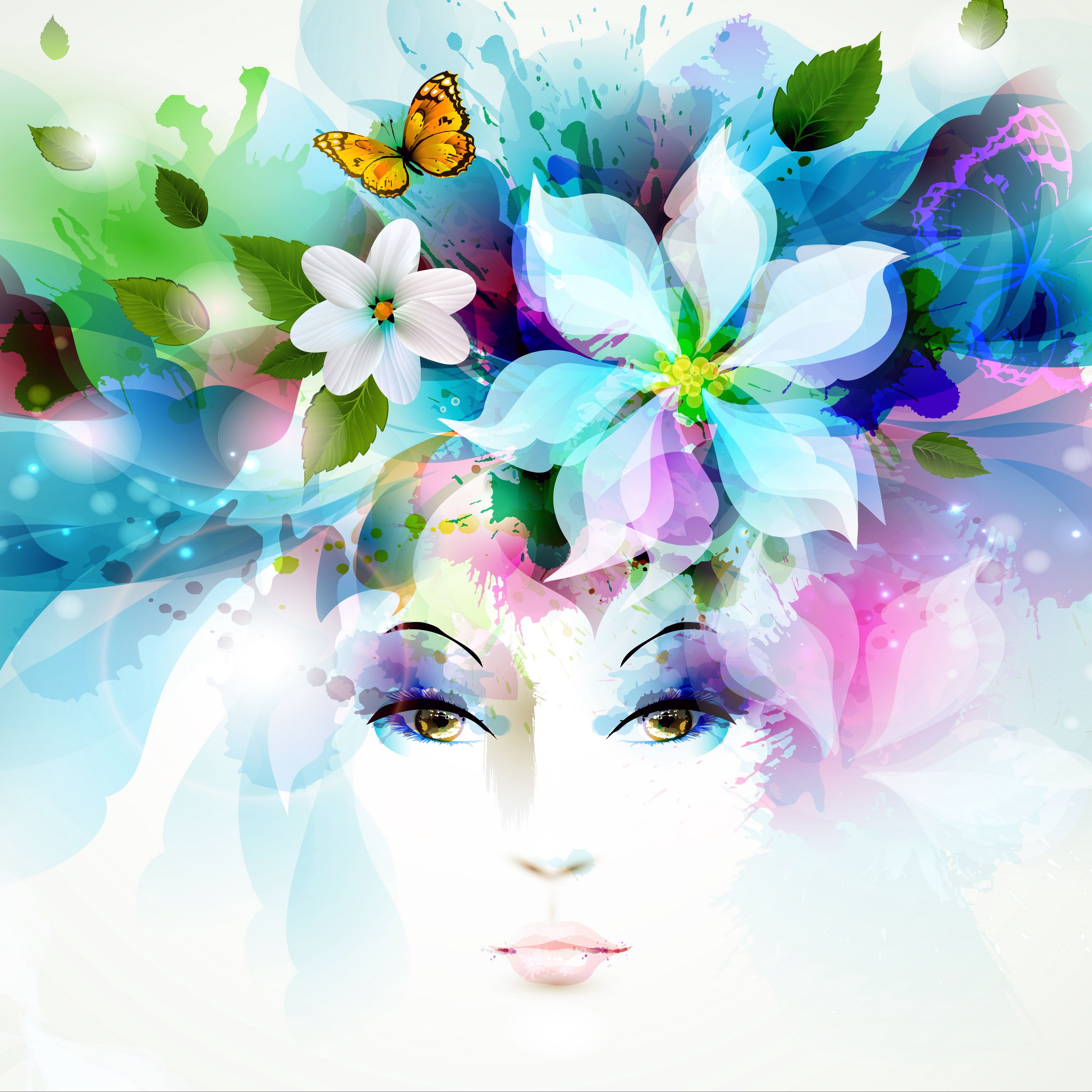 3415x3415 Wallpaper art, girl, eyes, flowers, petals, butterfly, leaves, spray