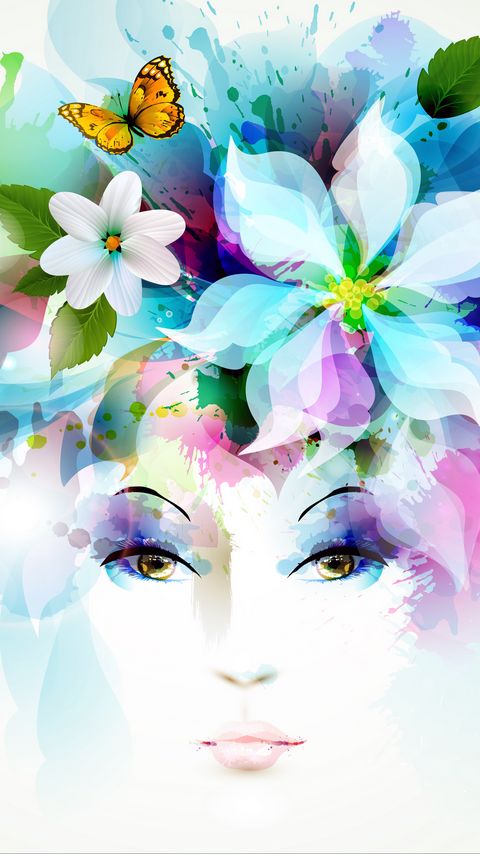 480x854 Wallpaper art, girl, eyes, flowers, petals, butterfly, leaves, spray