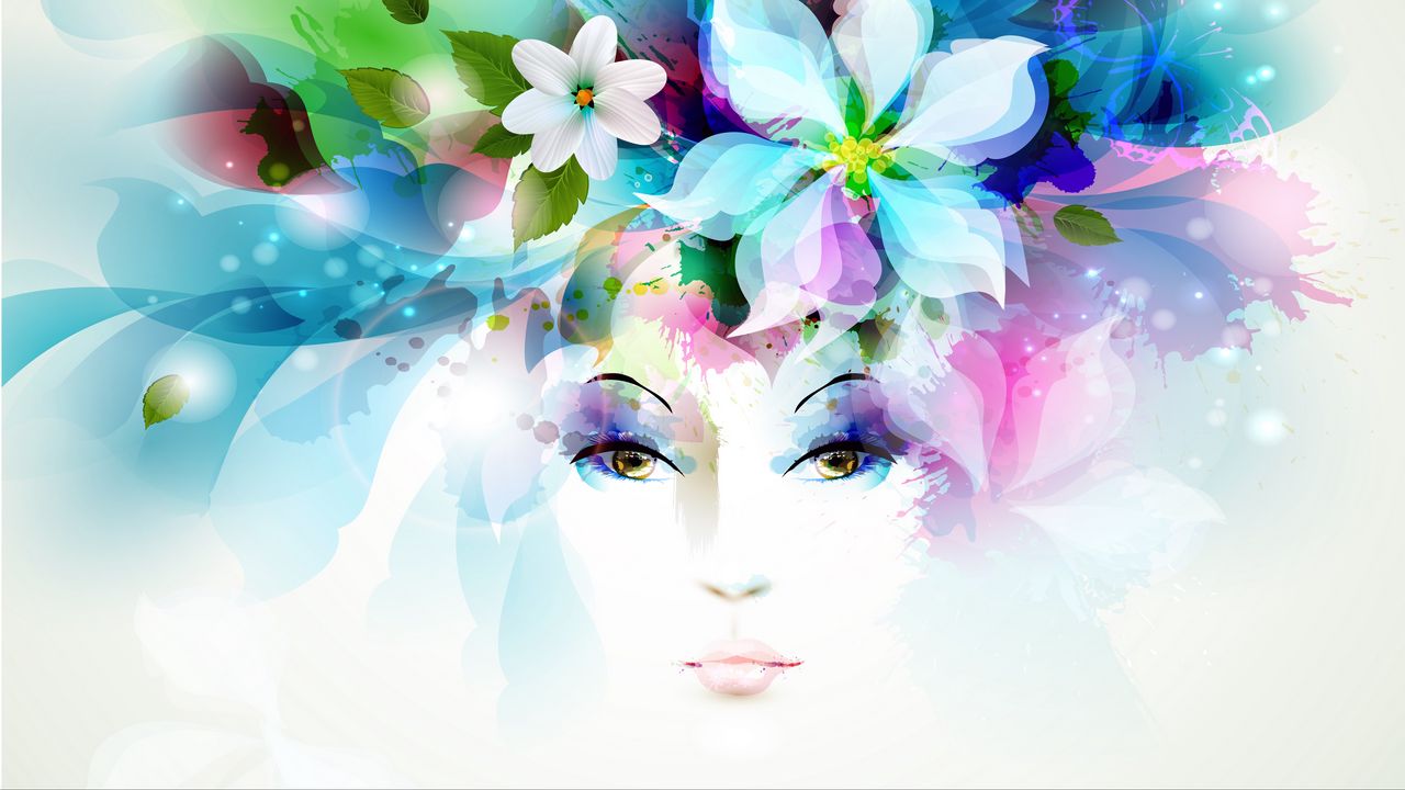 1280x720 Wallpaper art, girl, eyes, flowers, petals, butterfly, leaves, spray