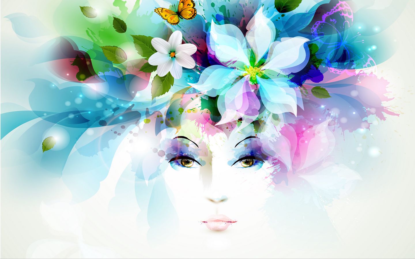 1440x900 Wallpaper art, girl, eyes, flowers, petals, butterfly, leaves, spray