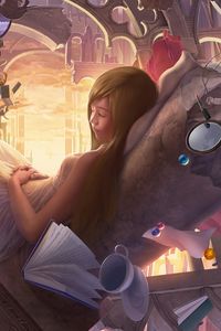 Preview wallpaper art, girl, surreal, dream, toy, bear, mirror, book, lamp beads, arch, castle