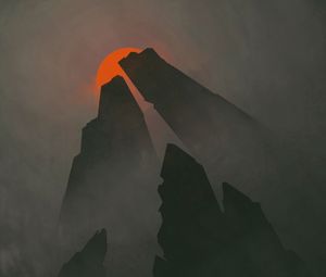 Preview wallpaper art, gloomy, fog, rocks, the sun