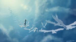 Preview wallpaper art in the sky, birds, girl, fantasy, clouds