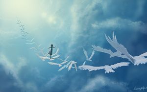 Preview wallpaper art in the sky, birds, girl, fantasy, clouds