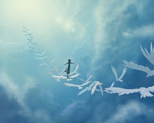 Preview wallpaper art in the sky, birds, girl, fantasy, clouds