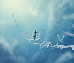 Preview wallpaper art in the sky, birds, girl, fantasy, clouds