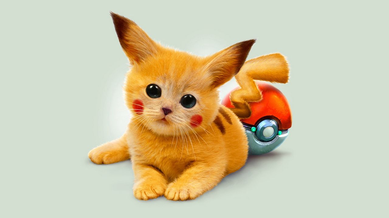 Wallpaper art, kitty, pokemon, red eyes, pikachu