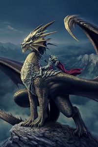 Preview wallpaper art, nick deligaris, dragon, rider, mountain, castle, tower