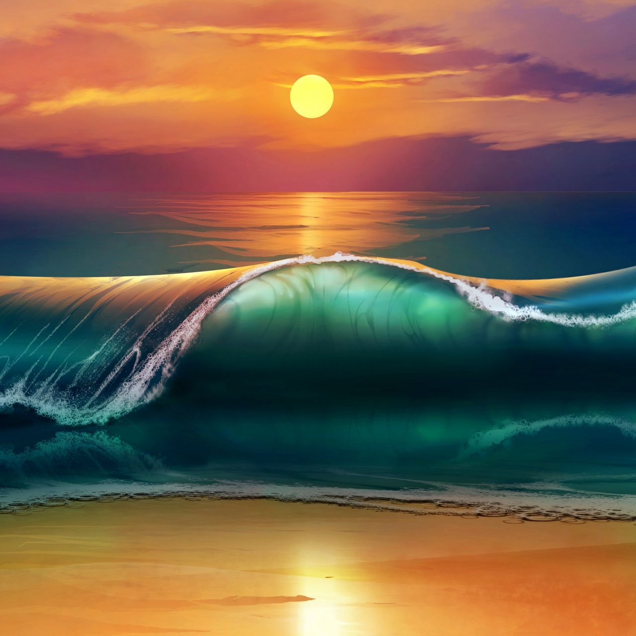 1280x1280 Wallpaper art, sunset, beach, sea, waves