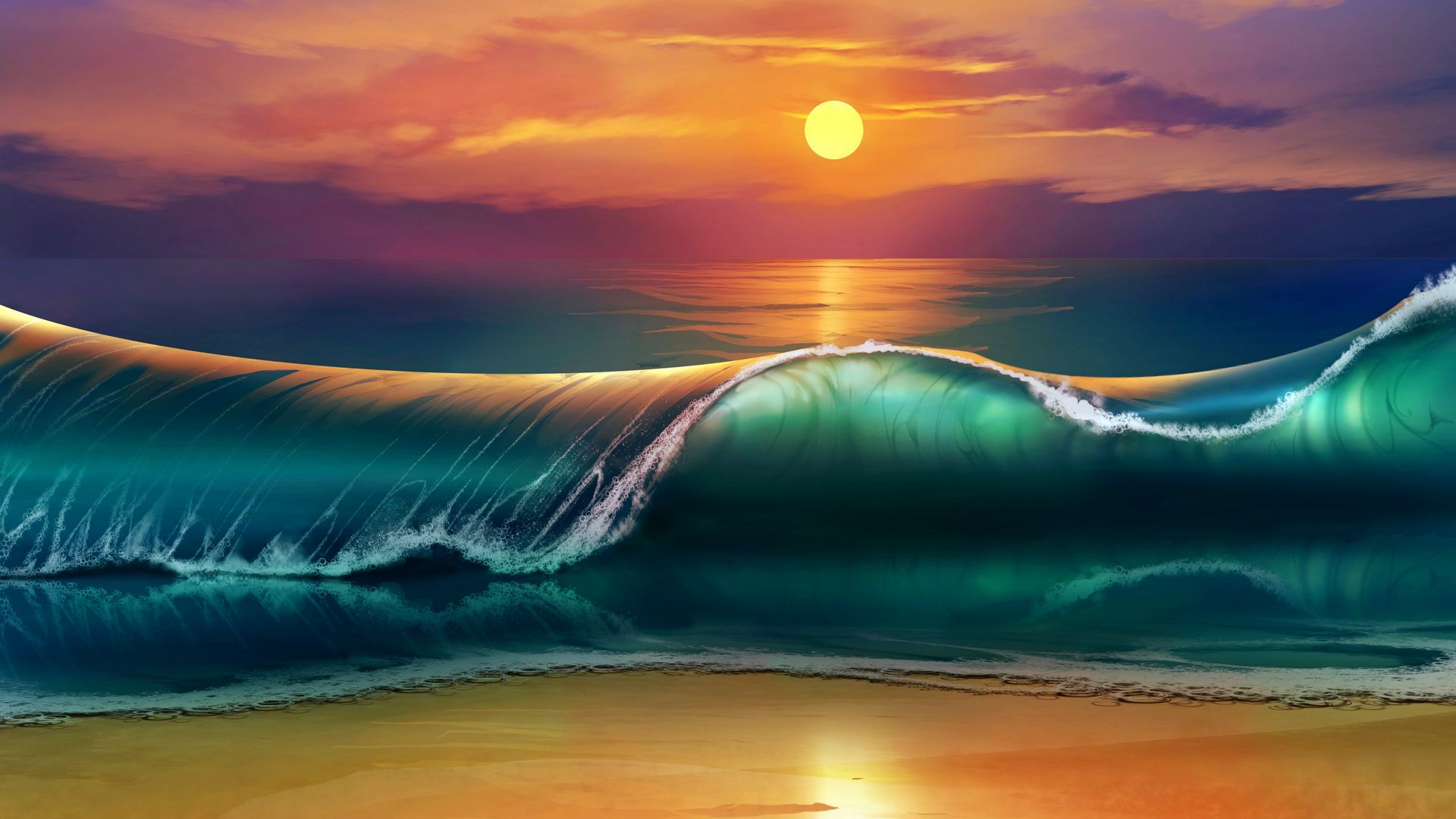 1920x1080 Wallpaper art, sunset, beach, sea, waves