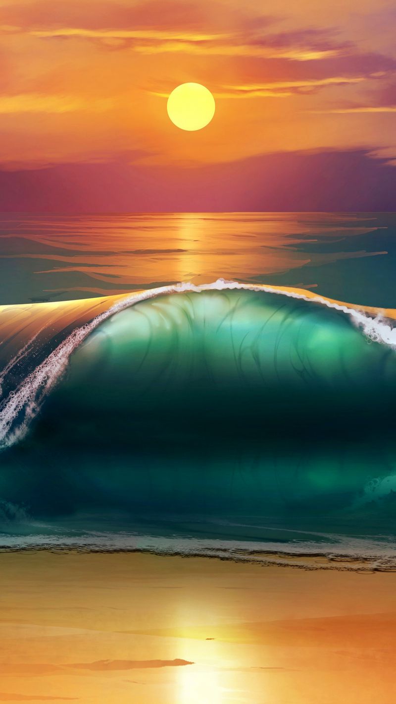 800x1420 Wallpaper art, sunset, beach, sea, waves