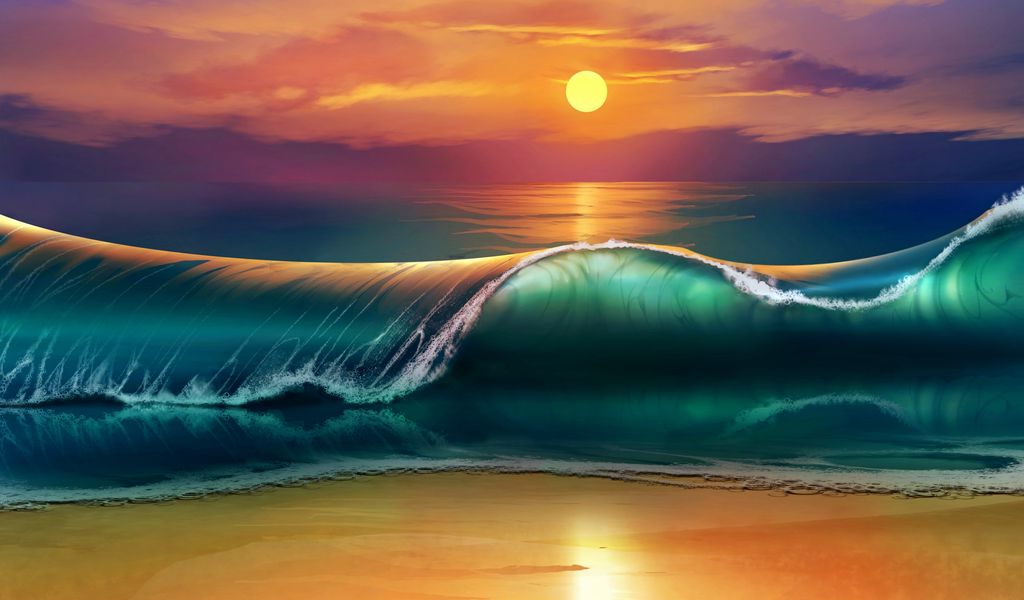 1024x600 Wallpaper art, sunset, beach, sea, waves