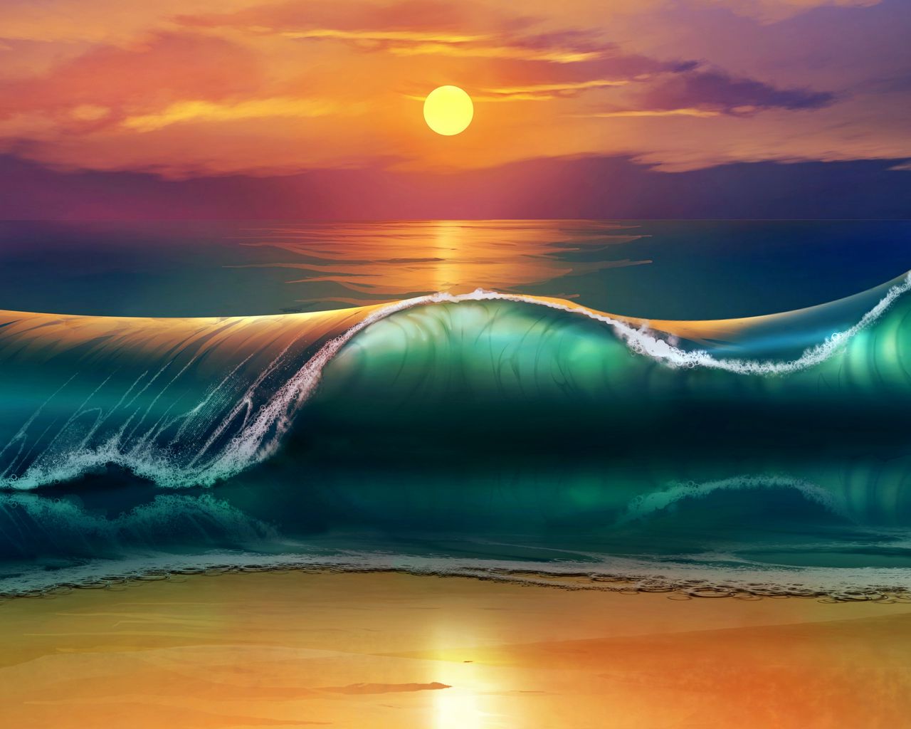1280x1024 Wallpaper art, sunset, beach, sea, waves