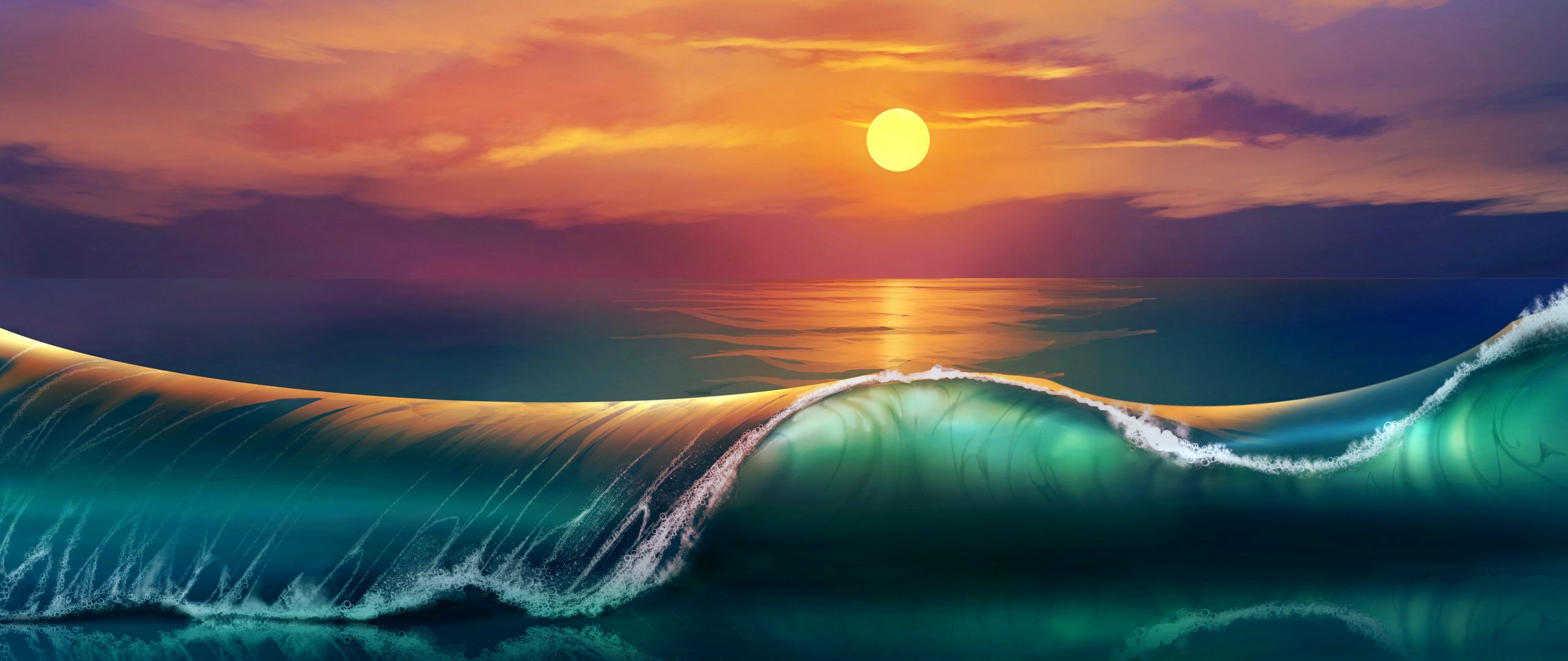 2560x1080 Wallpaper art, sunset, beach, sea, waves