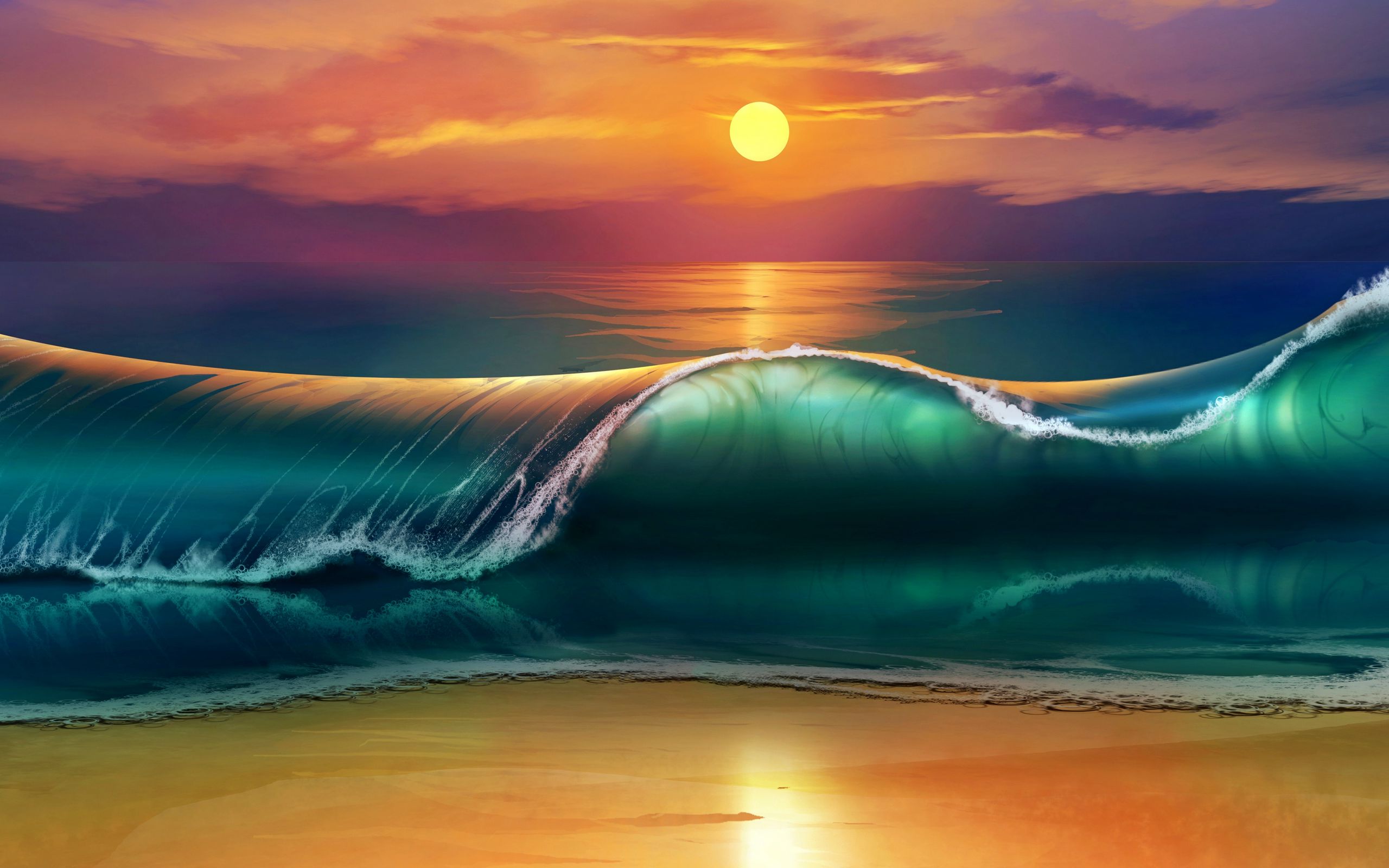 2560x1600 Wallpaper art, sunset, beach, sea, waves