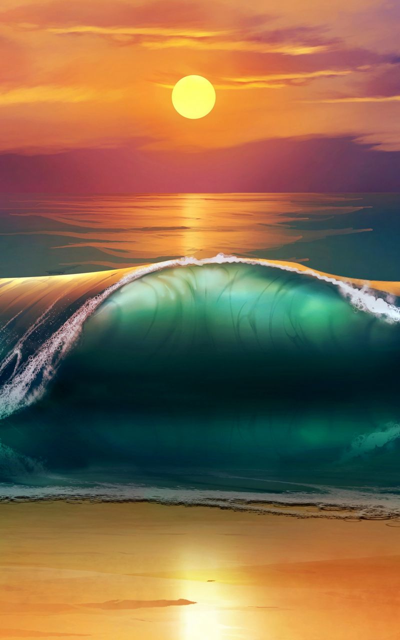 800x1280 Wallpaper art, sunset, beach, sea, waves
