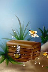 Preview wallpaper art, underwater, sea, fish, gold, trunk, treasure, castle, bubbles