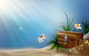 Preview wallpaper art, underwater, sea, fish, gold, trunk, treasure, castle, bubbles
