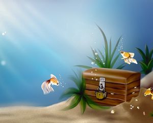 Preview wallpaper art, underwater, sea, fish, gold, trunk, treasure, castle, bubbles