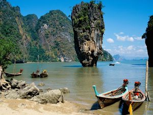 Preview wallpaper asia, boats, coast, sand, sea, rocks