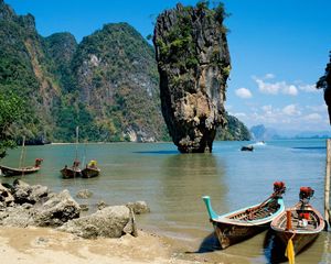 Preview wallpaper asia, boats, coast, sand, sea, rocks