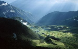 Preview wallpaper asia, mountains, clouds, height, fields, greens, slopes, meadows