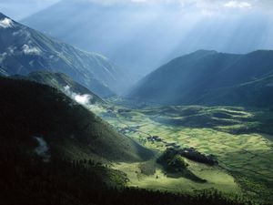 Preview wallpaper asia, mountains, clouds, height, fields, greens, slopes, meadows