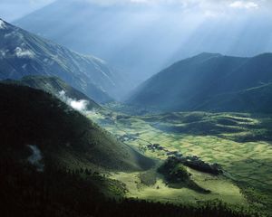 Preview wallpaper asia, mountains, clouds, height, fields, greens, slopes, meadows