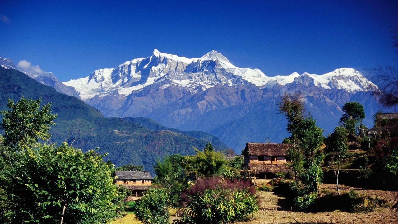 Wallpaper asia, mountains, houses, vegetation, trees