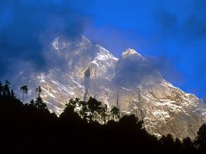 Preview wallpaper asia, mountains, outlines, fog, rocks, trees